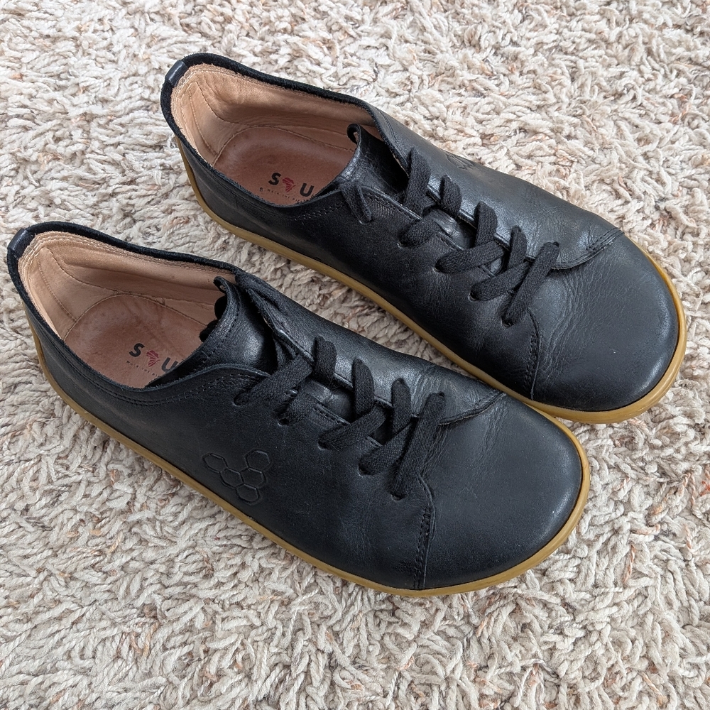 Vivo Barefoot Black Leather Sneakers with Gum Sole
